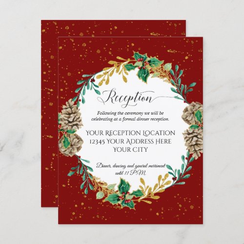 Red Gold Christmas Holly Pine Wedding Reception Invitation