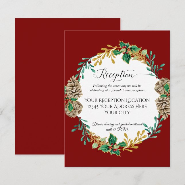 Red Gold Christmas Holly Pine Wedding Reception Invitation (Front/Back)
