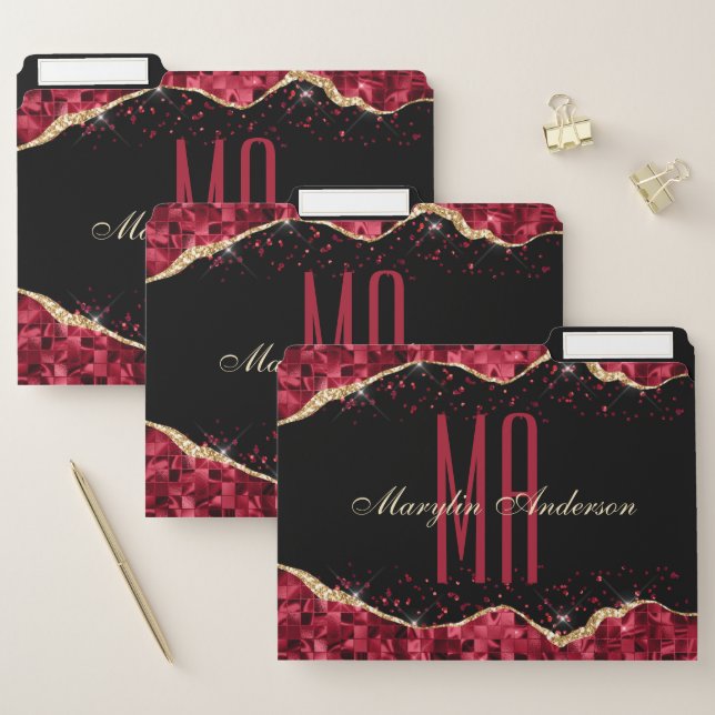 RED & GOLD CHRISTMAS MOSAIC TEARS CUSTOM MONOGRAM FILE FOLDER (Set)