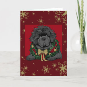 Red Gold Christmas Newfoundland dog puppy snow Holiday Card