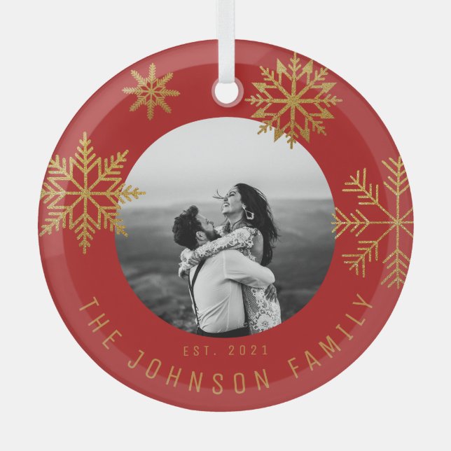 Red Gold Christmas Newlyweds Gift Glass Ornament (Front)