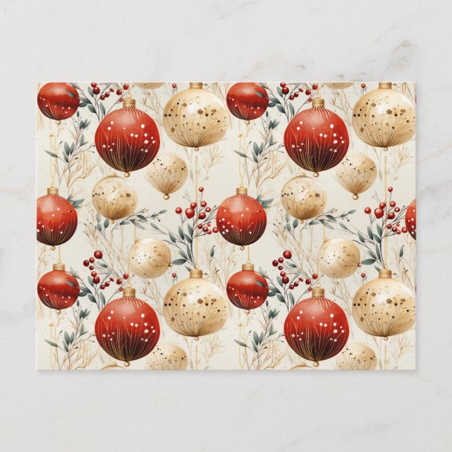 Red Gold Christmas Ornaments Holly Berry Postcard (Front)