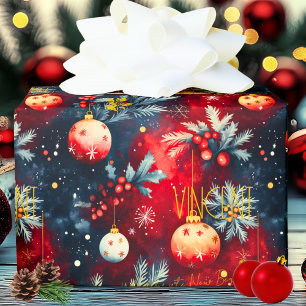 Red Gold Christmas Ornaments on Deep Blue Pattern Wrapping Paper