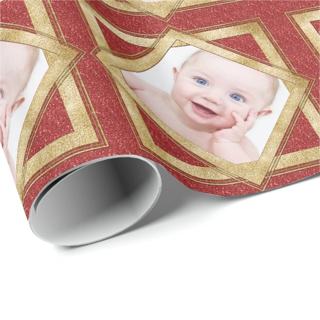 Red Gold Christmas Photo Template Personalized Wrapping Paper (Roll Corner)