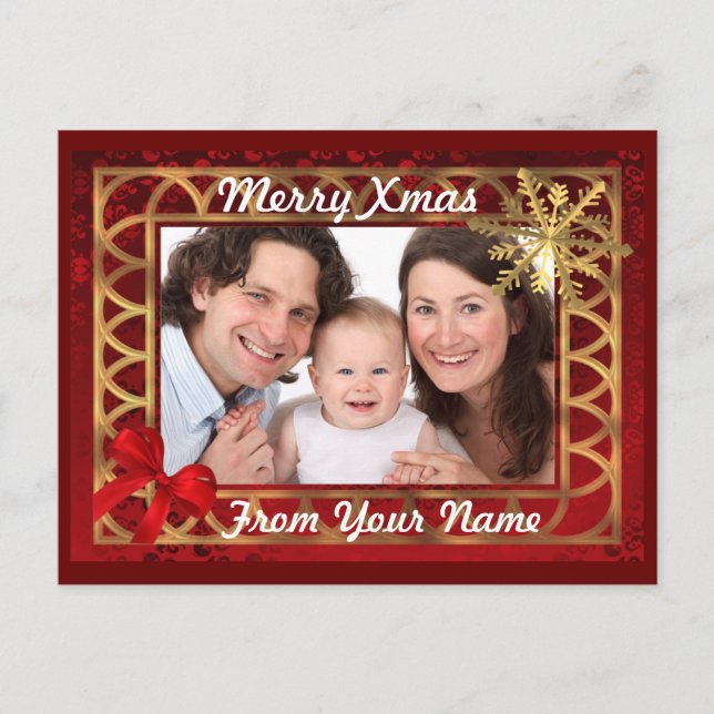 Red & gold Christmas photocard Holiday Postcard (Front)