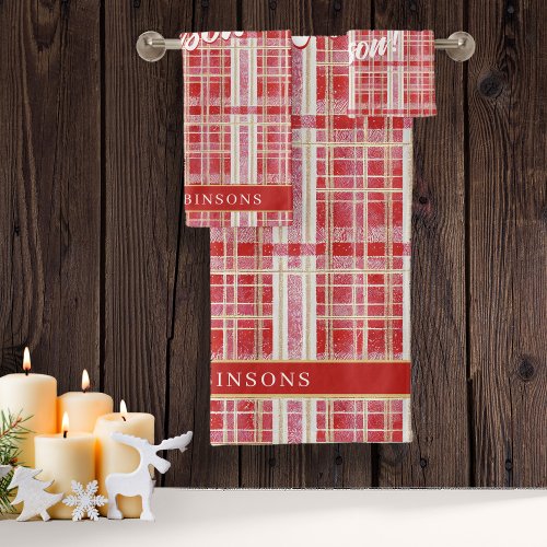 Red Gold Christmas Plaid Pattern2 ID1009 Bath Towel Set