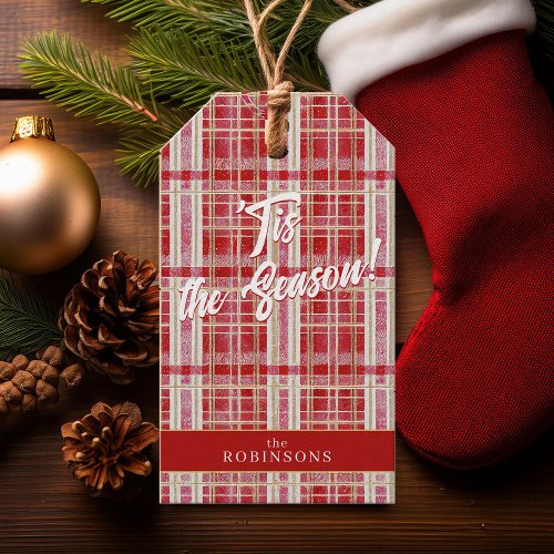 Red Gold Christmas Plaid Pattern2 ID1009 Gift Tags