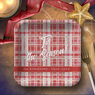 Red Gold Christmas Plaid Pattern#2 ID1009 Paper Plates