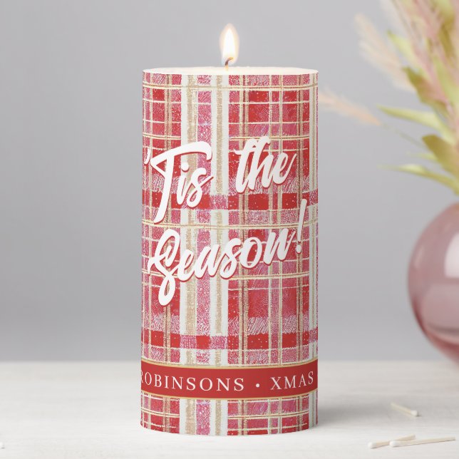 Red Gold Christmas Plaid Pattern#2 ID1009 Pillar Candle (In Situ)