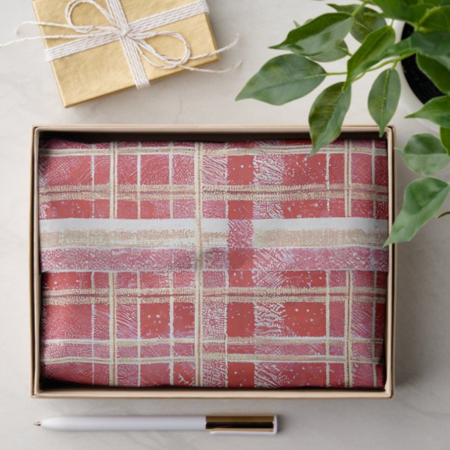 Red Gold Christmas Plaid Pattern#2 ID1009 Tissue Paper (Gift)