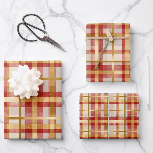 Red Gold Christmas Plaid  Wrapping Paper Sheets (Front)