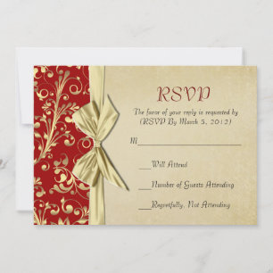 Red/Gold Christmas Ribbon Damask RSVP card