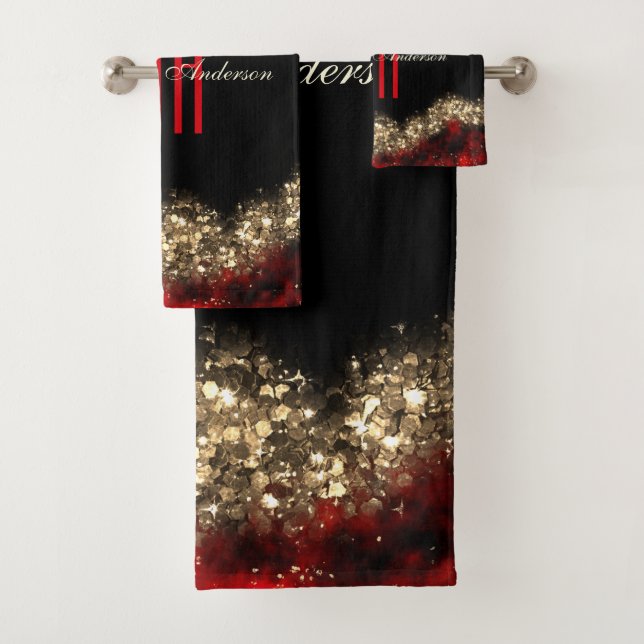 RED & GOLD CHRISTMAS SHIMMER CUSTOM MONOGRAM BATH TOWEL SET (Insitu)