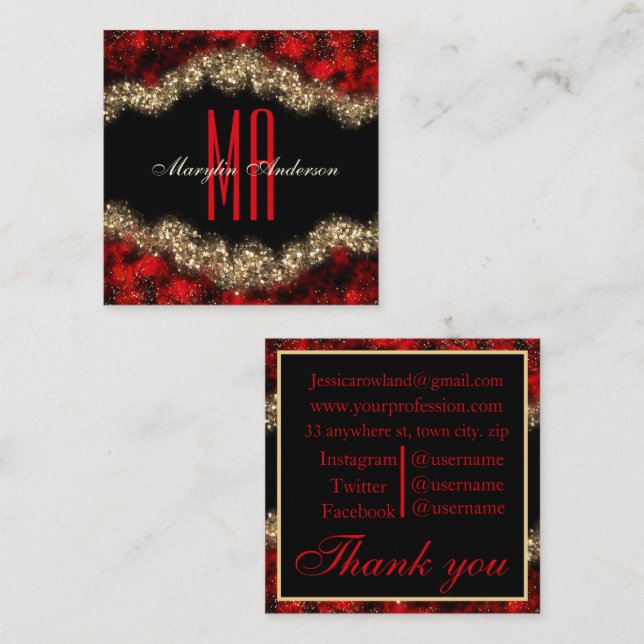 RED & GOLD CHRISTMAS SHIMMER CUSTOM MONOGRAM  SQUARE BUSINESS CARD (Front/Back)