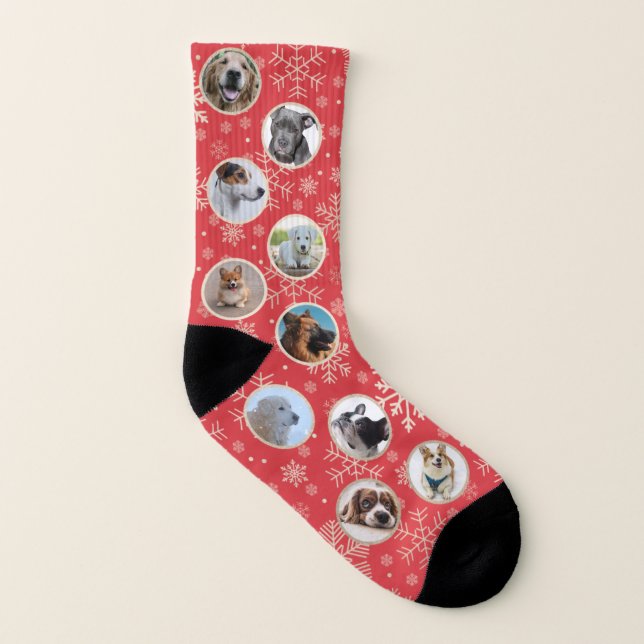Red Gold Christmas Snowflake Pattern Pet Photo Socks (Left Inside)