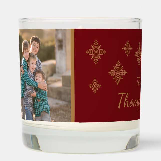Red Gold Christmas Snowflakes Custom Family Photos Scented Candle (Left)