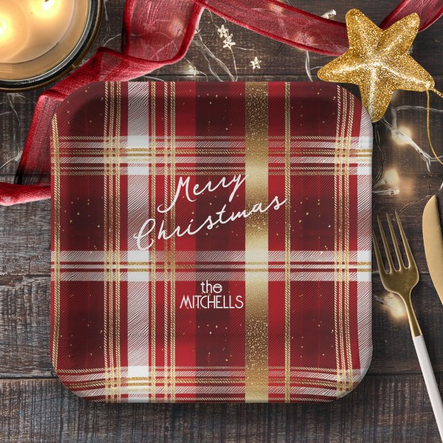 Red Gold Christmas Tartan Pattern#7 ID1009 Paper Plates (Creator Uploaded)