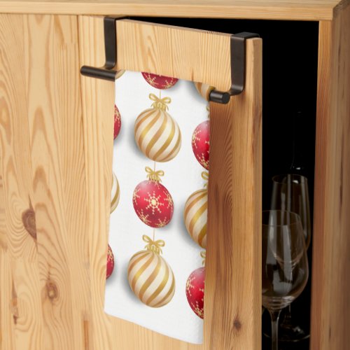 Red gold Christmas tree baubels pattern chic Kitch Kitchen Towel