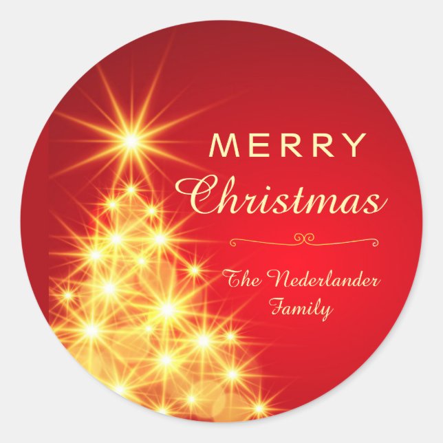 Red Gold Christmas Tree Holiday  Classic Round Sticker (Front)