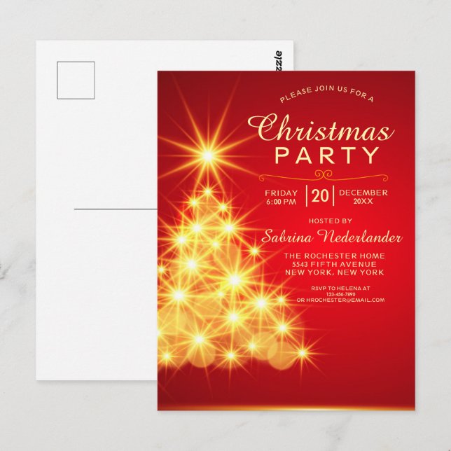 Red Gold Christmas Tree Holiday Party Invitation Postcard (Front/Back)
