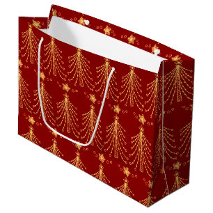 Red Gold Christmas Tree Lights Elegant Pattern Large Gift Bag