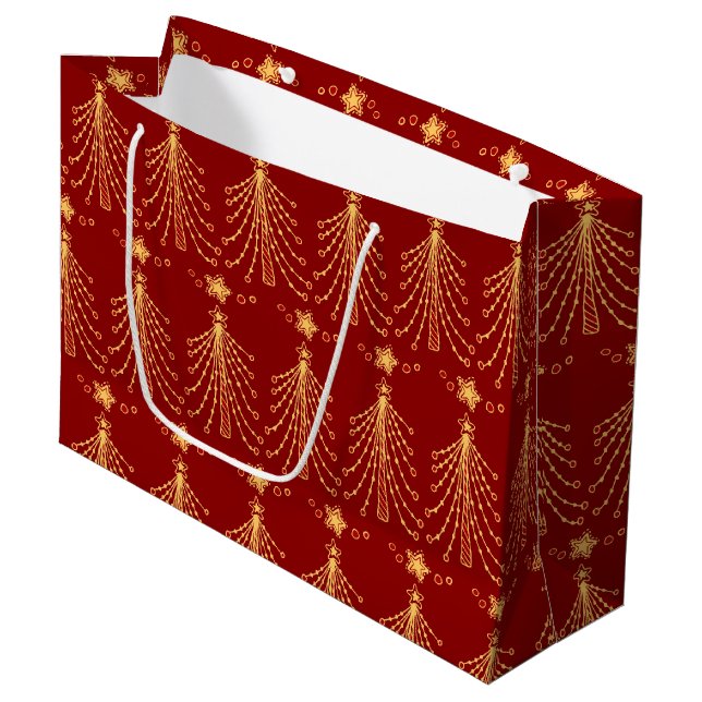 Red Gold Christmas Tree Lights Elegant Pattern Large Gift Bag (Front Angled)