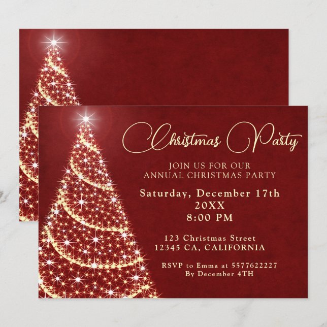 Red & Gold Christmas Tree Ornaments Party  Invitation (Front/Back)