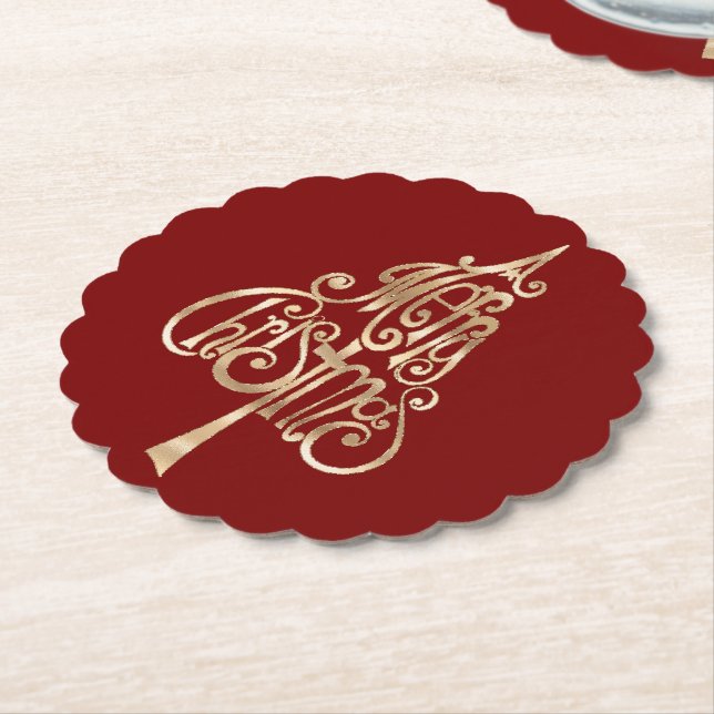 Red Gold Christmas Tree Paper Coaster (Angled)
