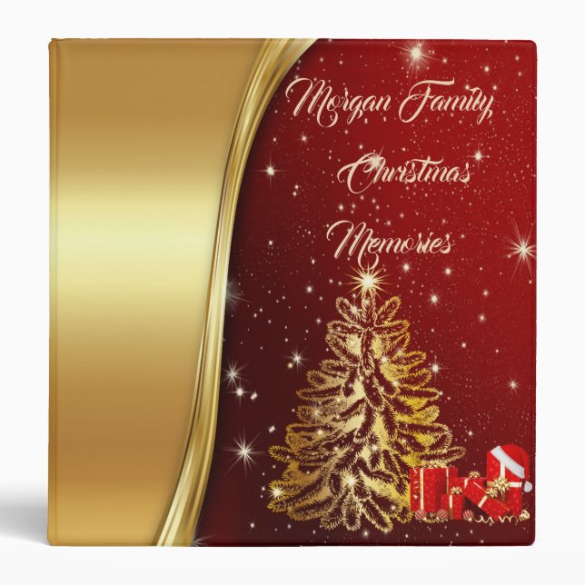 Red  Gold Christmas Tree,Presents 3 Ring Binder (Front)