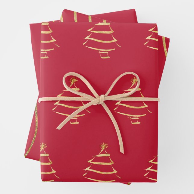 Red Gold Christmas Tree Snowflake Wavy Lines Wrapping Paper Sheets (In situ)