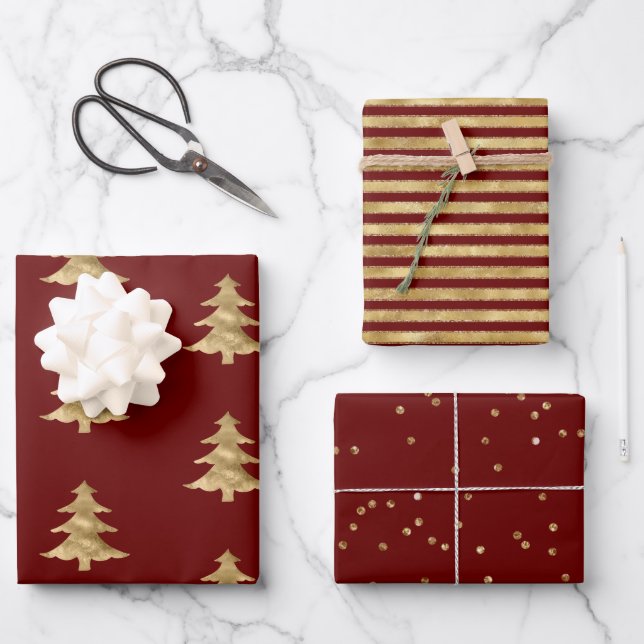 Red Gold Christmas Tree Stripes Sparkle   Wrapping Paper Sheets (Front)