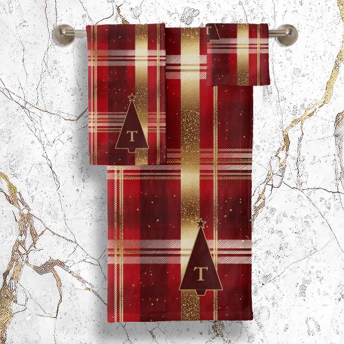 Red Gold Christmas Tree Tartan Pattern7 ID1009 Bath Towel Set