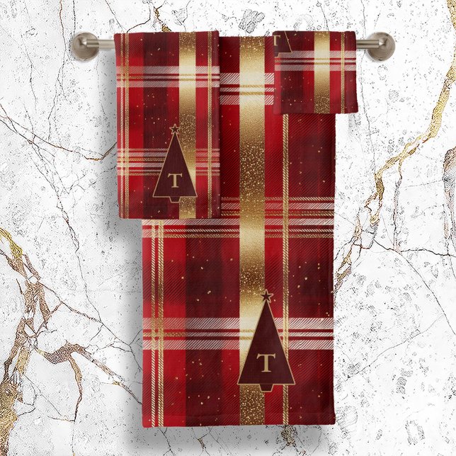 Red Gold Christmas Tree Tartan Pattern#7 ID1009 Bath Towel Set (Creator Uploaded)