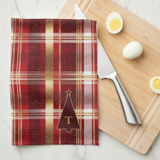 Red Gold Christmas Tree Tartan Pattern#7 ID1009 Kitchen Towel (Quarter Fold)