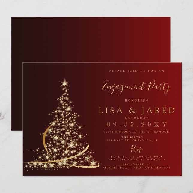 Red Gold Christmas Tree Winter Engagement Party  Invitation (Front/Back)