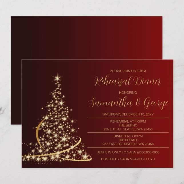 Red Gold Christmas Tree Winter Rehearsal Dinner  Invitation (Front/Back)