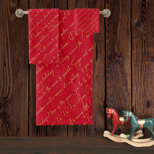 Red Gold Christmas Typography Pattern#36 ID1009 Bath Towel Set