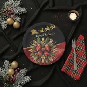 Red Gold Christmas Wreath Santa Sleigh Paper Plates