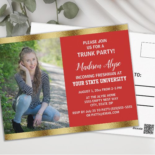 Red Gold College Trunk Graduation Party Photo Postcard