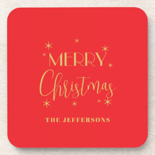 Red & Gold Colors Merry Christmas Family Name Beverage Coaster