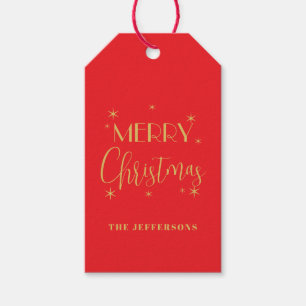 Red & Gold Colors Merry Christmas Family Name Gift Tags