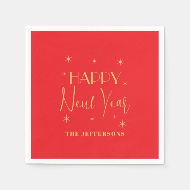 Red & Gold Colors Merry Christmas Family Name Napkins (Front)