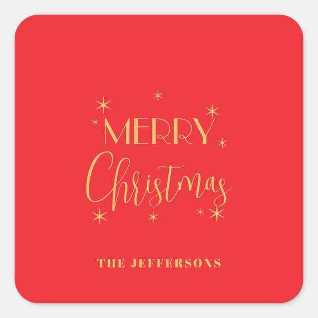 Red & Gold Colors Merry Christmas Family Name Square Sticker (Front)
