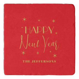 Red & Gold Colors Merry Christmas Family Name Trivet