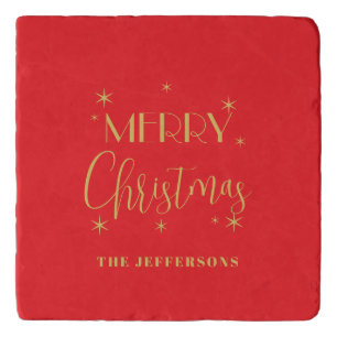 Red & Gold Colors Merry Christmas Family Name Trivet