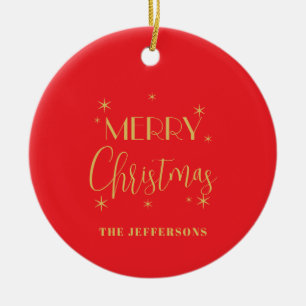 Red & Gold Colors Merry Christmas New Year Name Ceramic Ornament