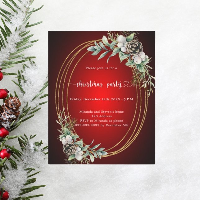Red gold cone greenery Christmas Party invitation (Creator Uploaded)