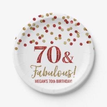 Red Gold Confetti 70 And Fabulous Birthday Paper Plates by DreamingMindCards at Zazzle