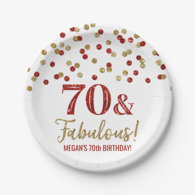 Red Gold Confetti 70 and Fabulous Birthday Paper Plates (Front)