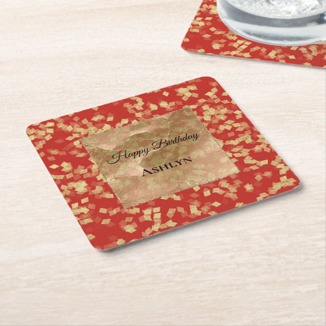 Red Gold Confetti Abstract Birthday Square Paper Coaster (Angled)